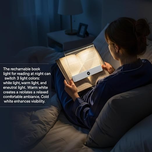 Rechargeable LED Book Reading Light – Flat Panel Reading Lamp with USB Charging, 3 Color Modes, Timer & Eye Protection